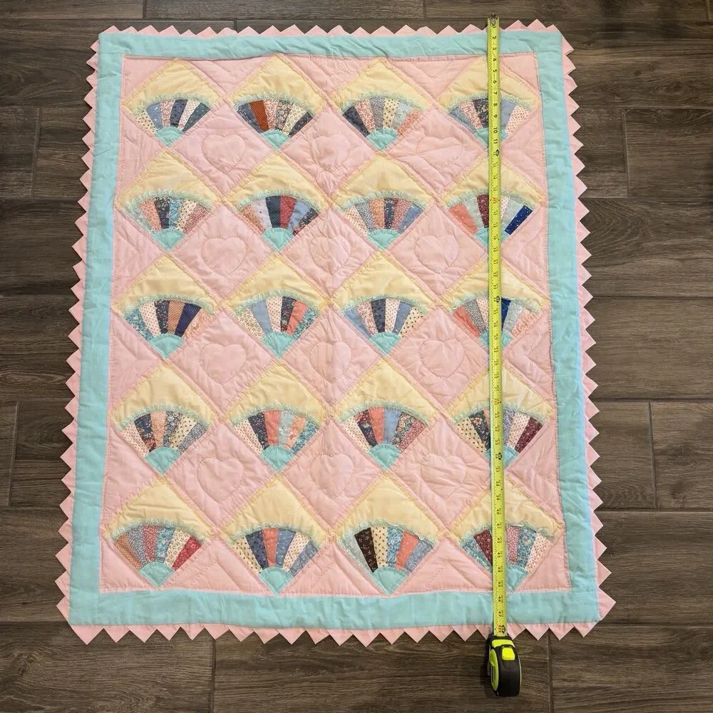 Handmade Pink & Blue Baby Fan Quilt Hearts Triangle Edges 48x39” Nursery Toddler